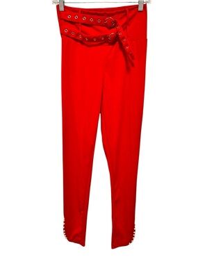 Bold Red High-Waisted Trousers with Double Buckle & Pearl Cuff Details - Size M